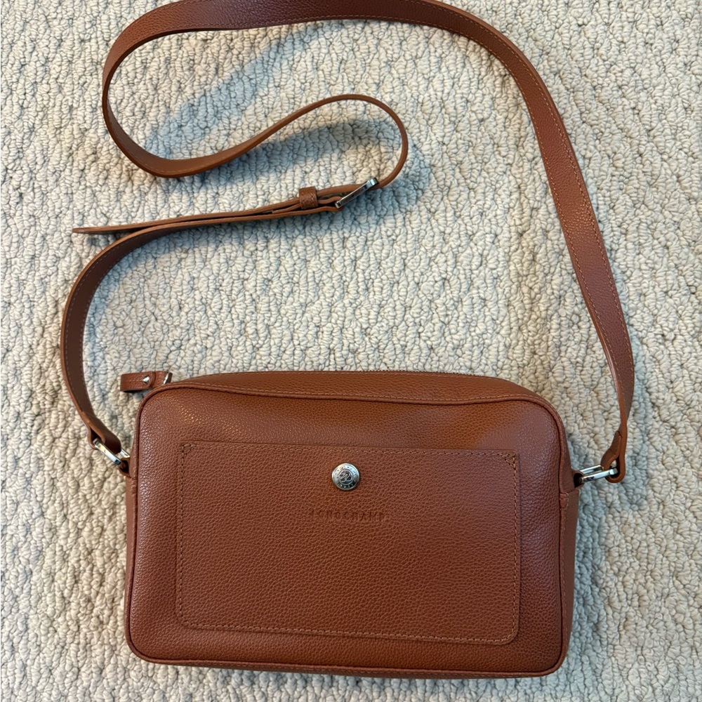 Longchamp Brown Leather Crossbody Bag with Adjustable Strap